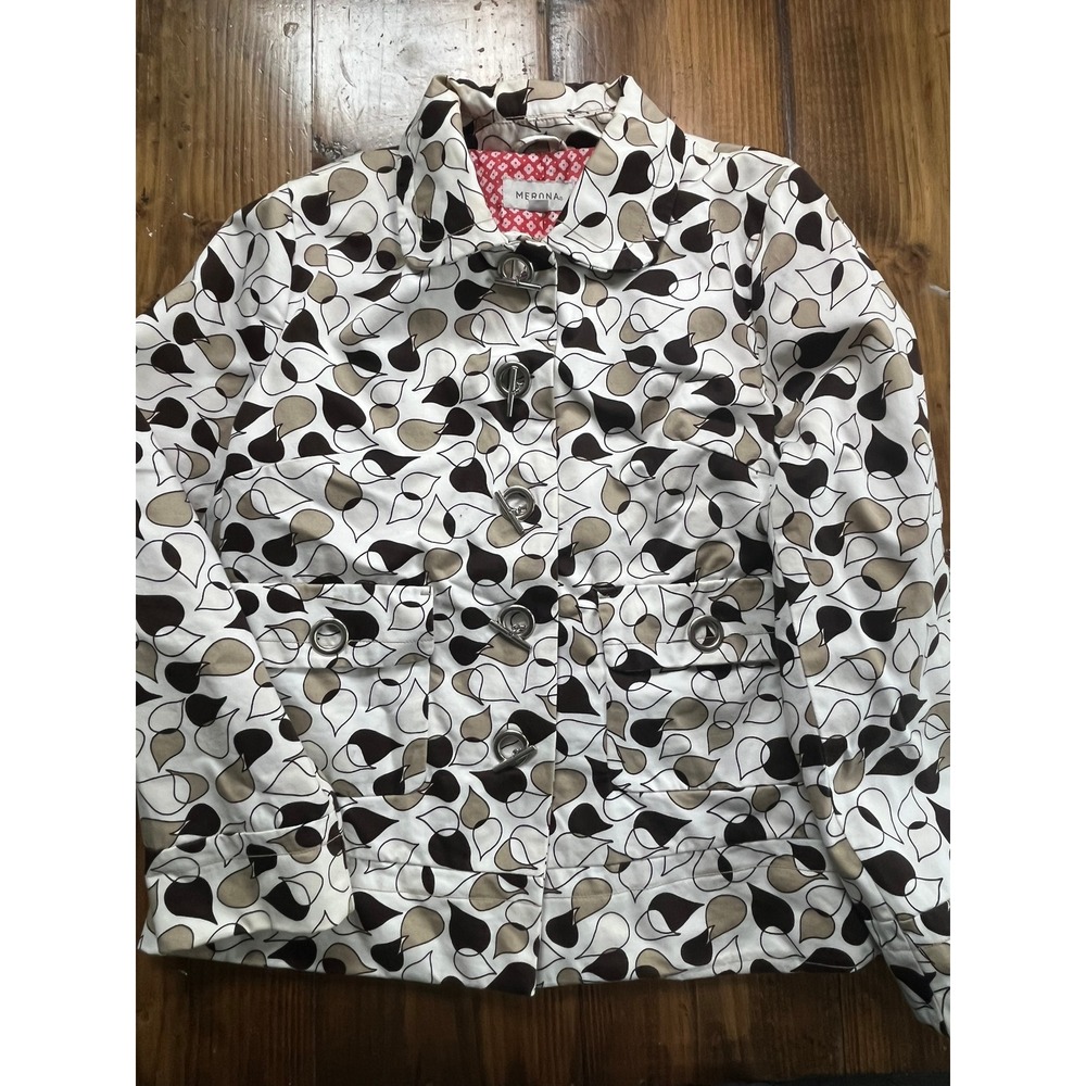 Merona Womens Abstract Leaf Print Toggle Front Jacket Black Tan White Large